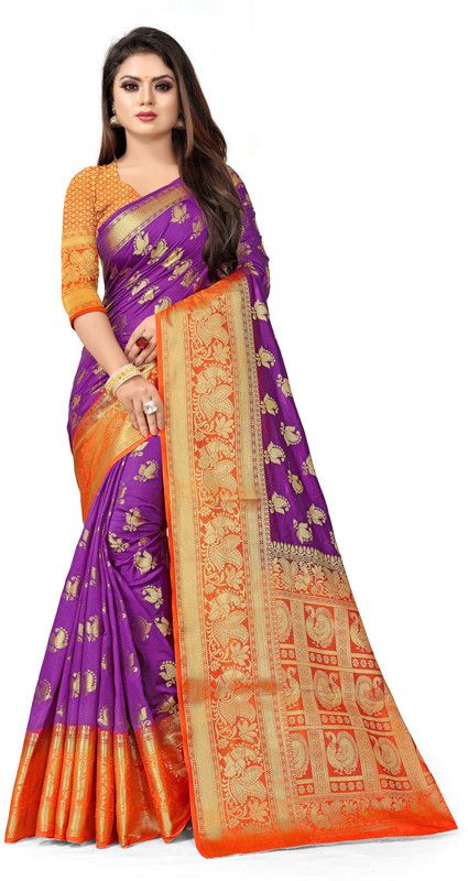 Woven Kanjivaram Silk Blend, Jacquard Saree  (Purple)