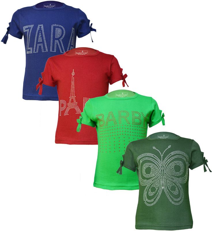 Girls Printed Cotton Blend T Shirt  (Dark Green, Pack of 4)