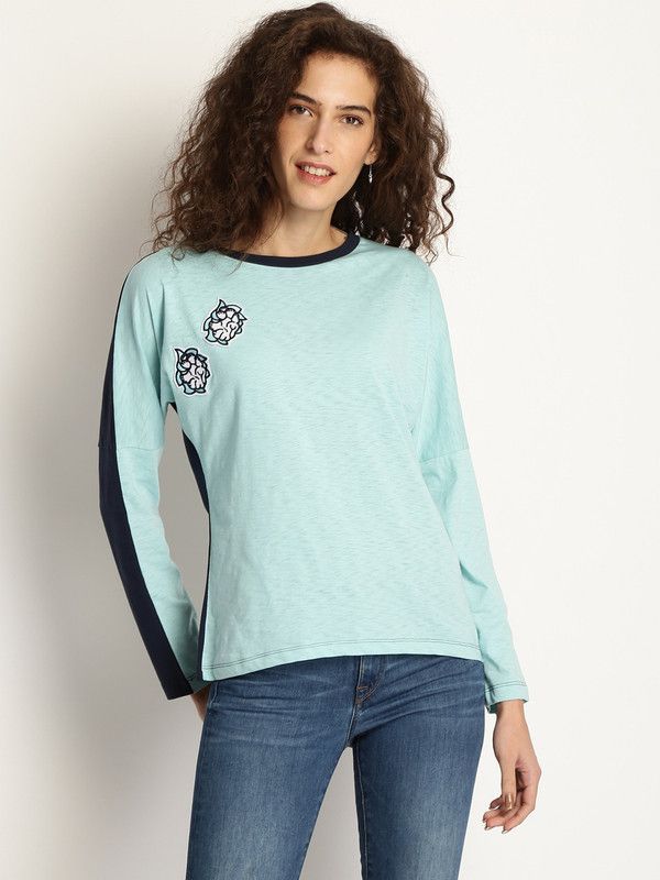 Casual Regular Sleeves Color Block Women Dark Blue, Light Blue Top