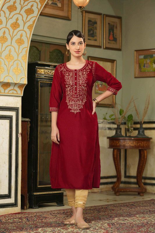 Women Embroidered Velvet Straight Kurta  (Maroon)