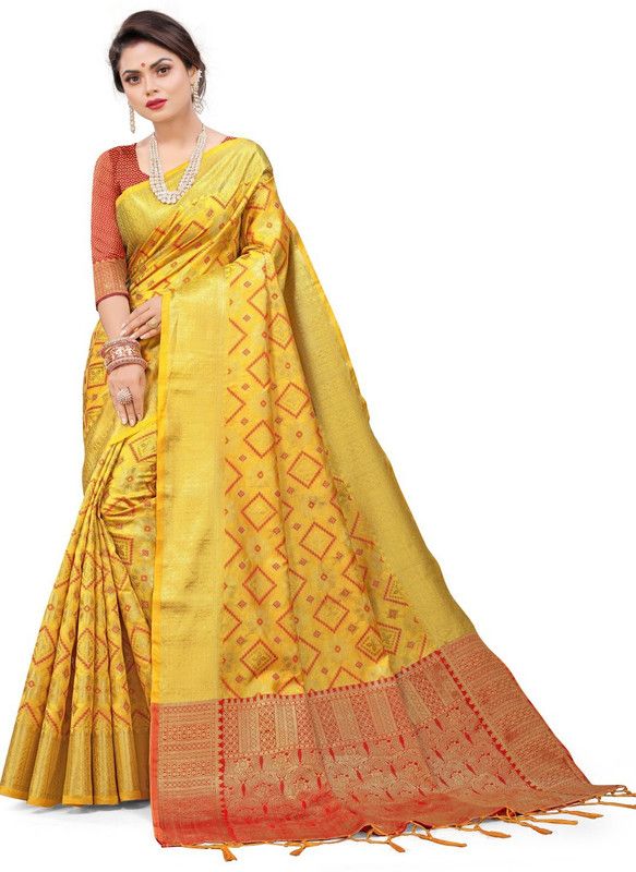 Self Design Patola Cotton Blend, Cotton Silk Saree  (Yellow)