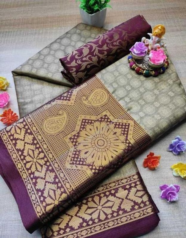 Woven Banarasi Cotton Blend, Silk Blend Saree  (Grey, Purple)