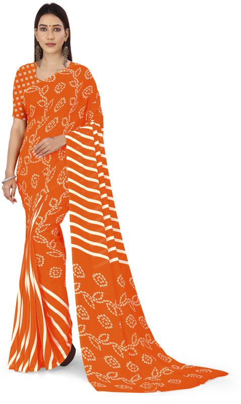 Striped Bandhani Georgette Saree  (Orange)