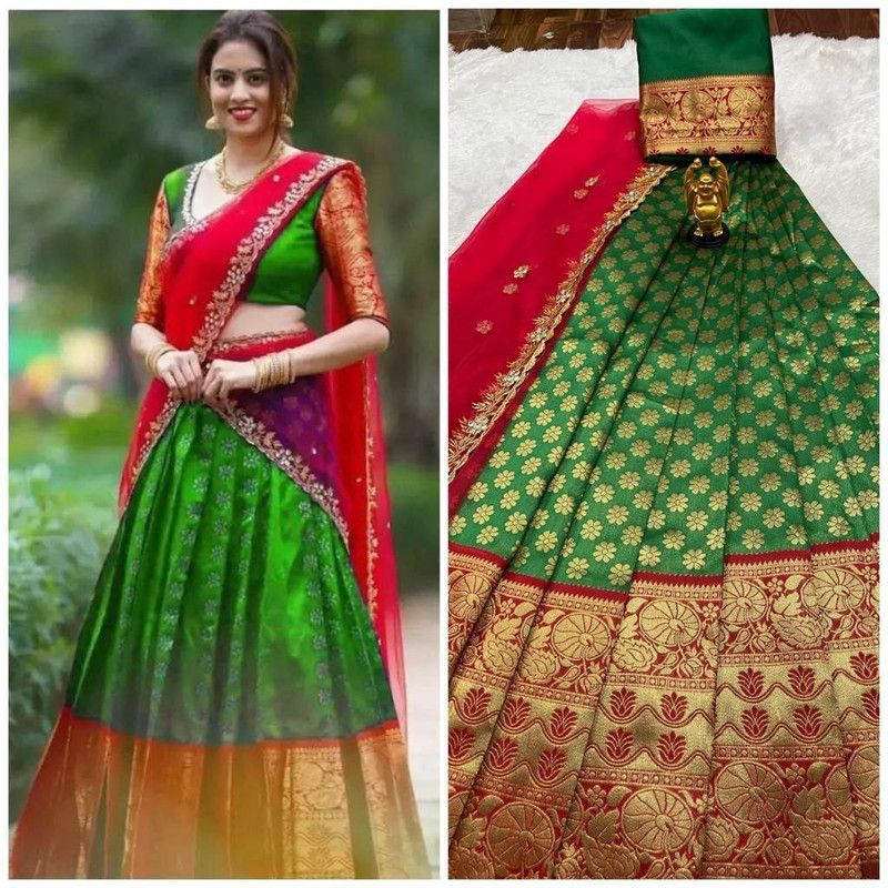 Solid, Self Design Semi Stitched Lehenga & Kurta  (Green)