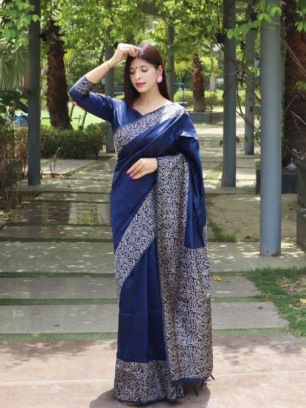 Printed Kanjivaram Jacquard, Pure Silk Saree  (Dark Blue, Silver)