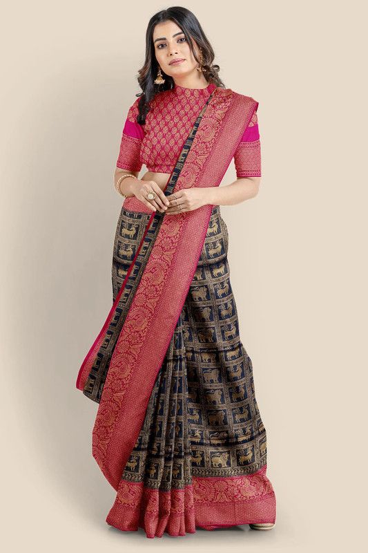 Self Design Patola Pure Silk Saree  (Dark Blue)