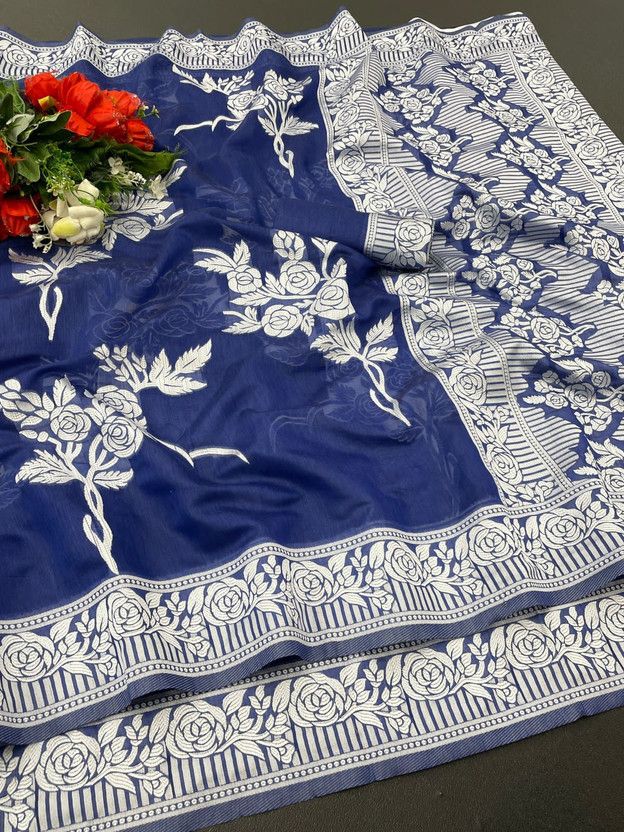 Self Design, Woven, Solid/Plain Jamdani Cotton Silk Saree  (Blue)