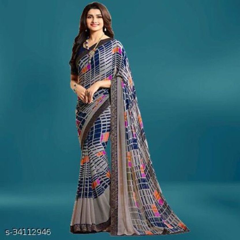 Embellished, Digital Print, Printed Bollywood Georgette, Chiffon Saree  (Dark Blue)