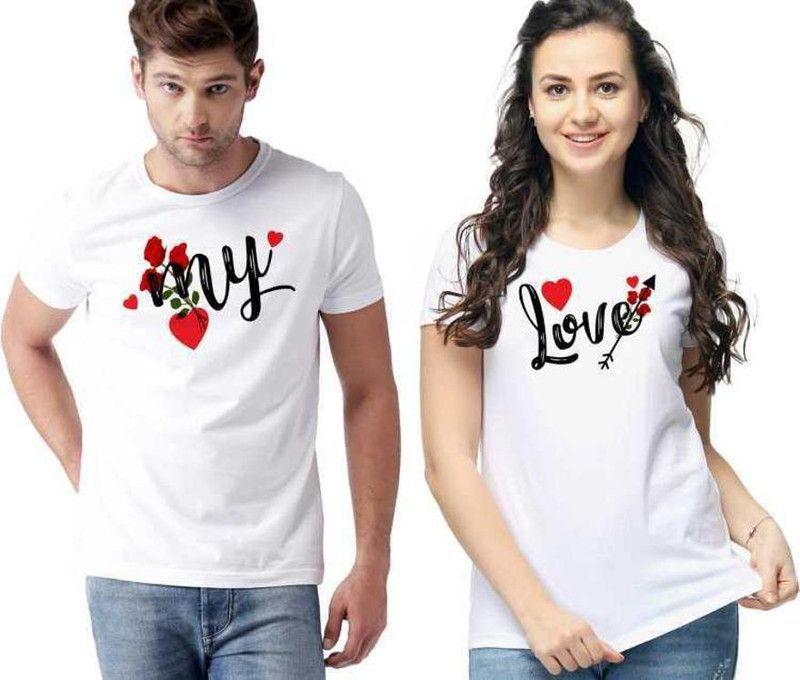 Pack of 2 Couple Typography Round Neck Poly Cotton White T-Shirt