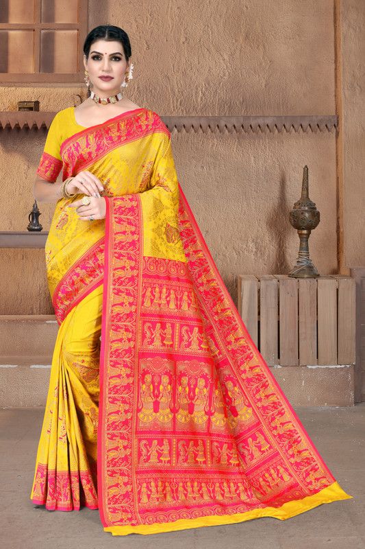 Woven Baluchari Jacquard Saree  (Red, Yellow)