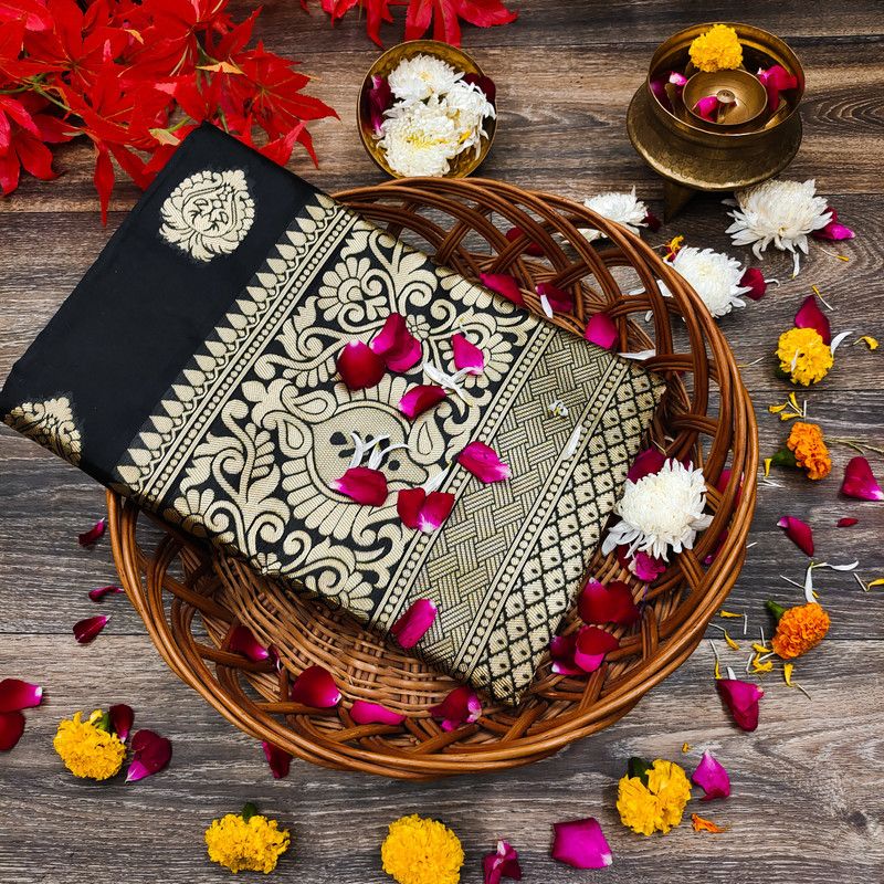 Embellished Kanjivaram Jacquard Saree  (Black)