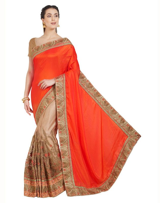 Embroidered Bollywood Lycra Blend, Satin Saree  (Orange, Beige)