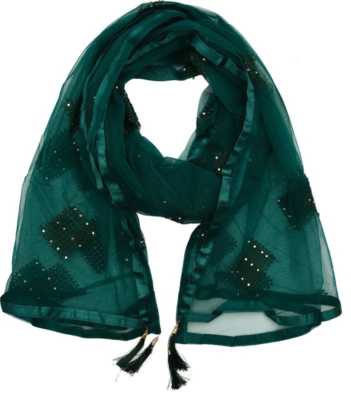 Net Embroidered Dark Green Women Dupatta