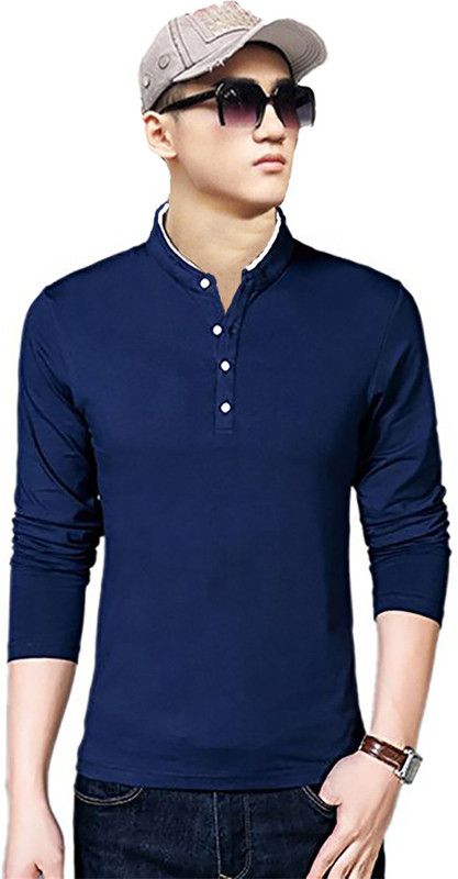 Men Solid Mandarin Collar Poly Cotton Navy Blue T-Shirt