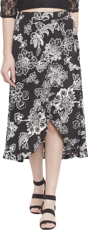 Women Floral Print A-line White, Black Skirt