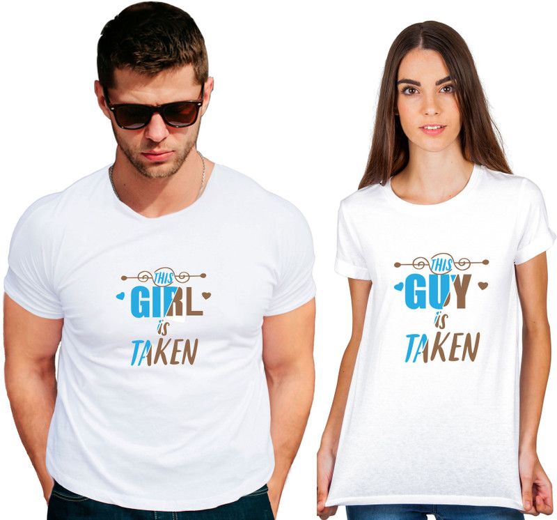 Pack of 2 This guy girl is taken.jpg Couple Tshirt White half sleeve 100% cotton round neck Couple Typography Round Neck Cotton Blend White T-Shirt