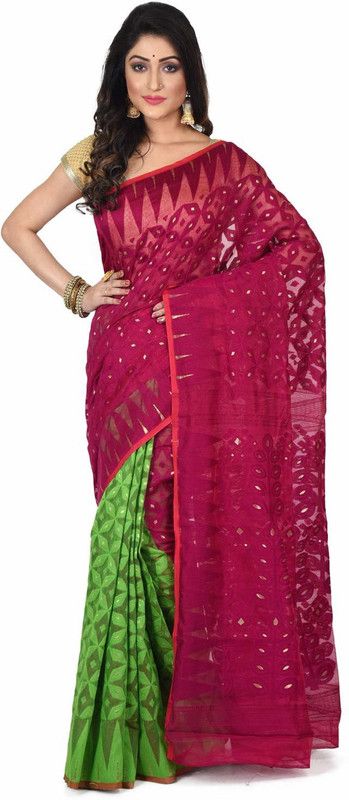 Embroidered Jamdani Cotton Silk Saree  (Magenta)