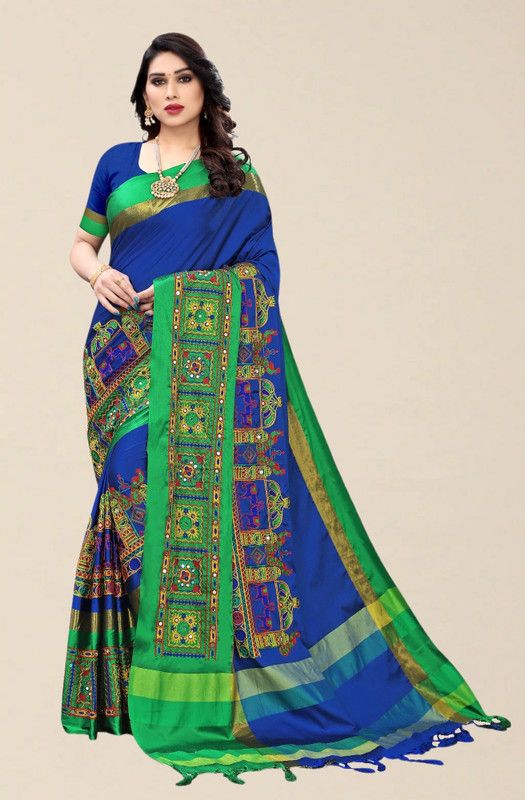 Self Design, Printed, Embroidered, Embellished, Woven Banarasi Jacquard, Cotton Silk Saree  (Green, Blue)