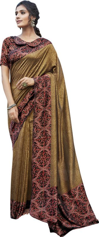 Printed, Floral Print, Solid/Plain Bollywood Art Silk Saree  (Brown)