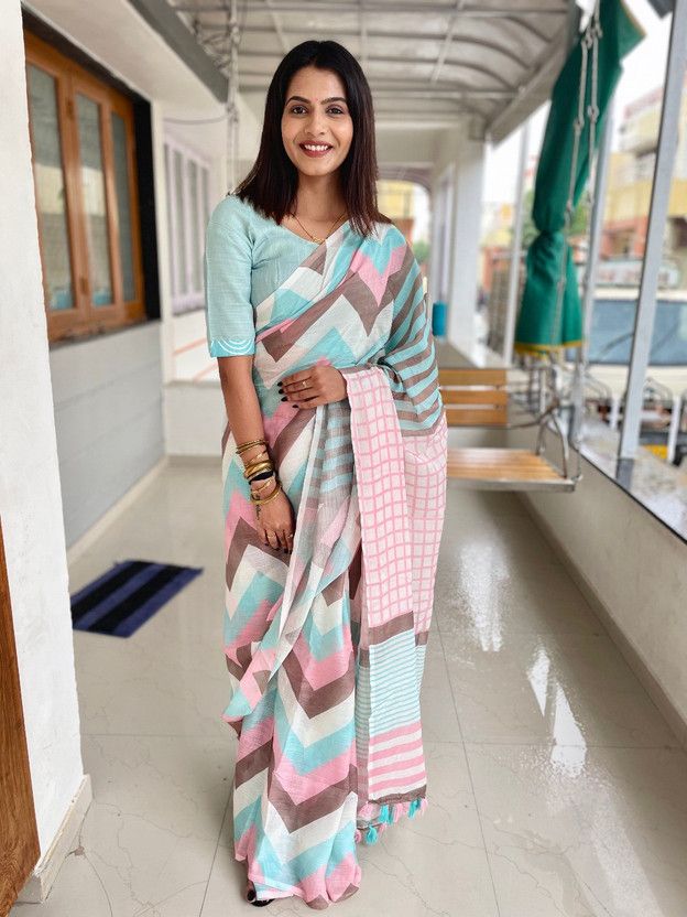 Color Block Daily Wear Cotton Blend Saree  (Multicolor)