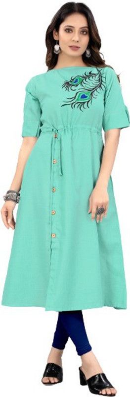 Women Embroidered Crepe Flared Kurta  (Blue)