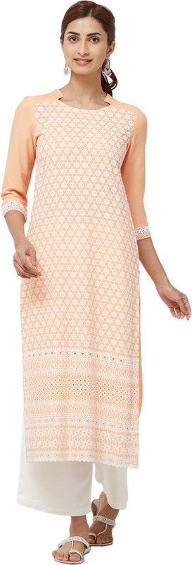 Women Embroidered Cotton Rayon Straight Kurta  (White, Orange)