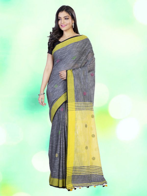 Embroidered Handloom Cotton Blend Saree  (Grey)