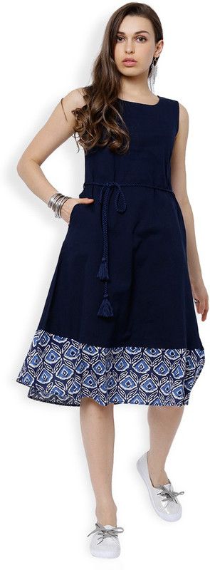 Women Solid Cotton Silk A-line Kurta  (Dark Blue)