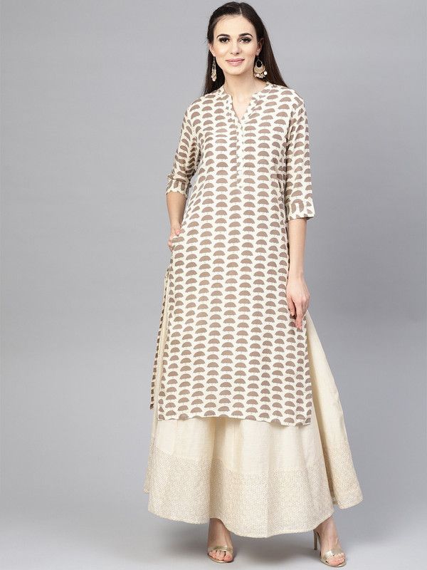 Women Abstract Viscose Rayon Straight Kurta  (Beige)