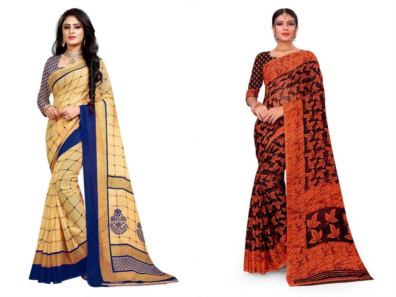 Daily Wear Georgette Saree  (Pack of 2, Gold, Orange)