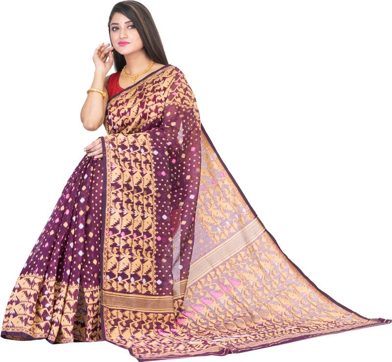 Woven, Embellished Jamdani Cotton Blend Saree  (Purple, Mustard)