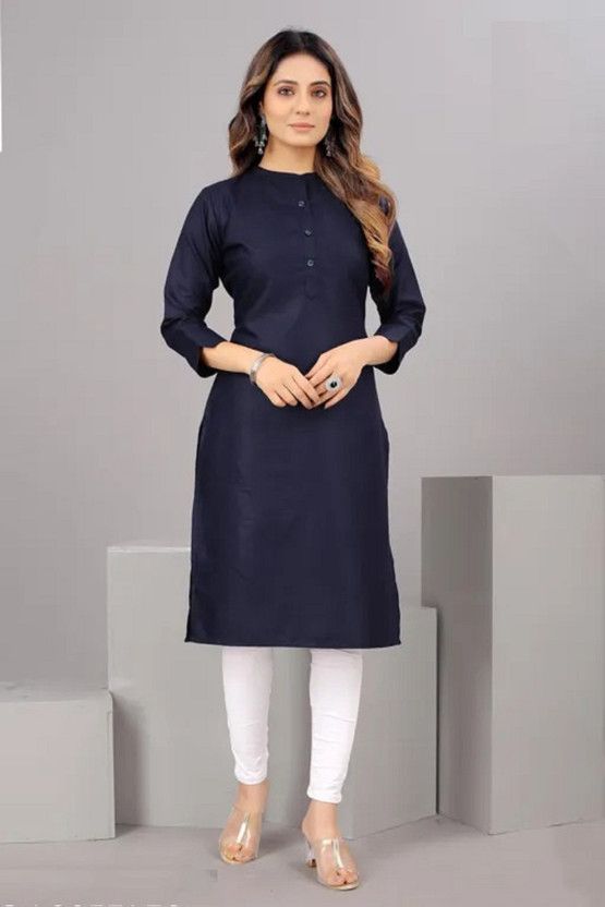 Women Solid Cotton Blend Straight Kurta  (Dark Blue)