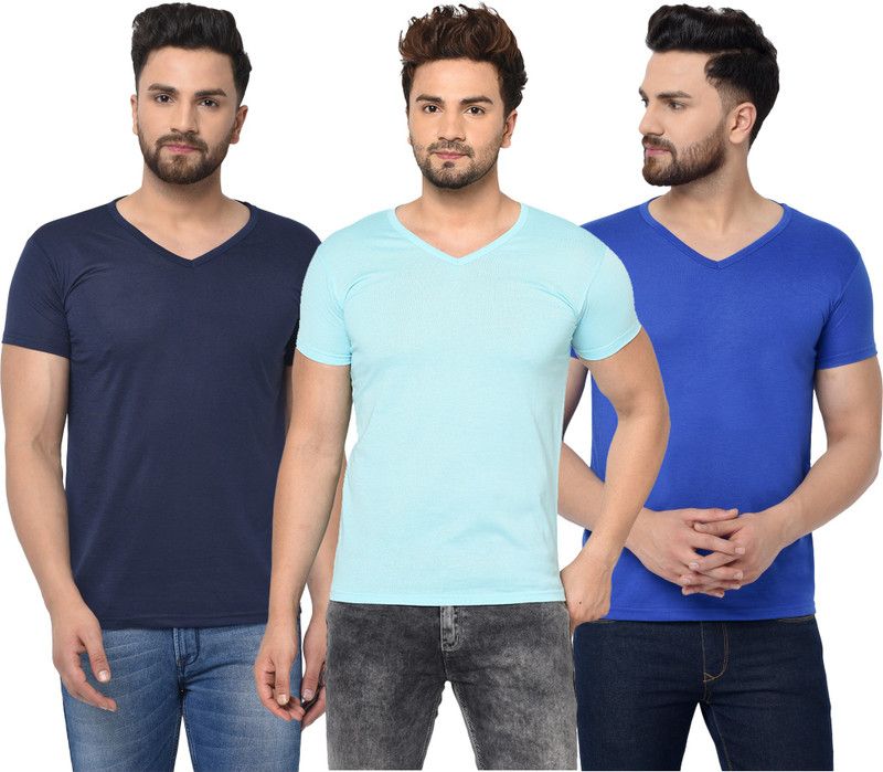 Pack of 3 V Neck T-Shirt Combo of 3 Men Solid V Neck Cotton Blend Multicolor T-Shirt
