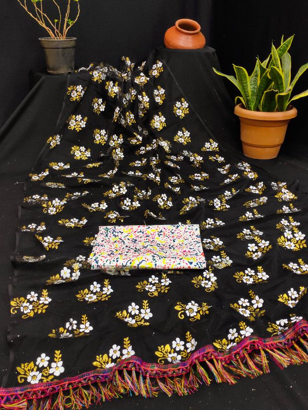 Floral Print Bhagalpuri Net Saree  (Black)