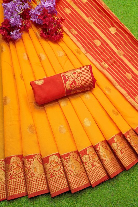 Kanjivaram Jacquard, Pure Silk Saree  (Yellow)