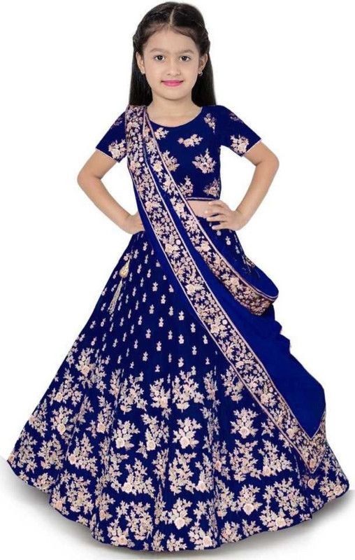 Girls Lehenga Choli Ethnic Wear Embroidered Lehenga, Choli and Dupatta Set  (Dark Blue, Pack of 1)