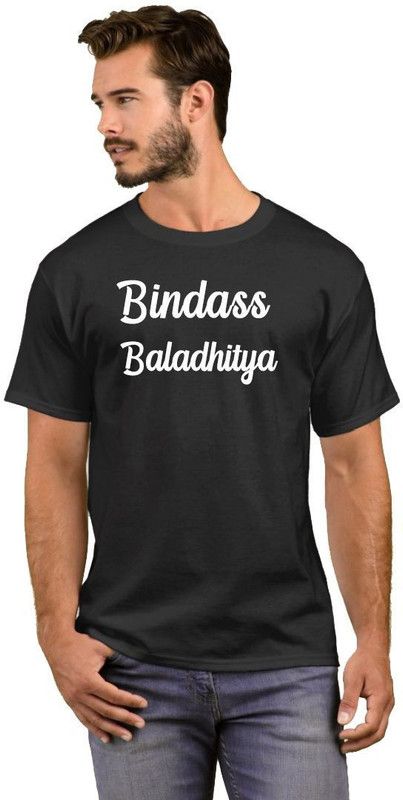 Bindass Baladhitya Men Printed, Conversational, Typography Round Neck Cotton Blend White, Black T-Shirt