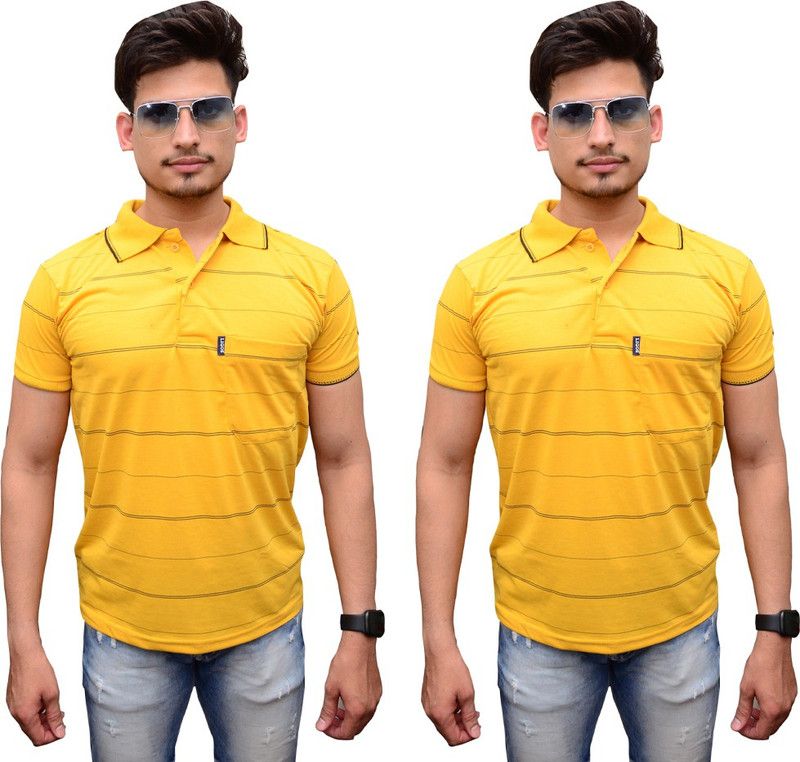 Pack of 2 Men Striped Polo Neck Cotton Blend Yellow T-Shirt