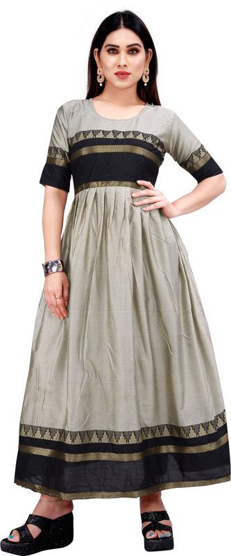 Silk Blend Stitched Anarkali Gown  (Grey)