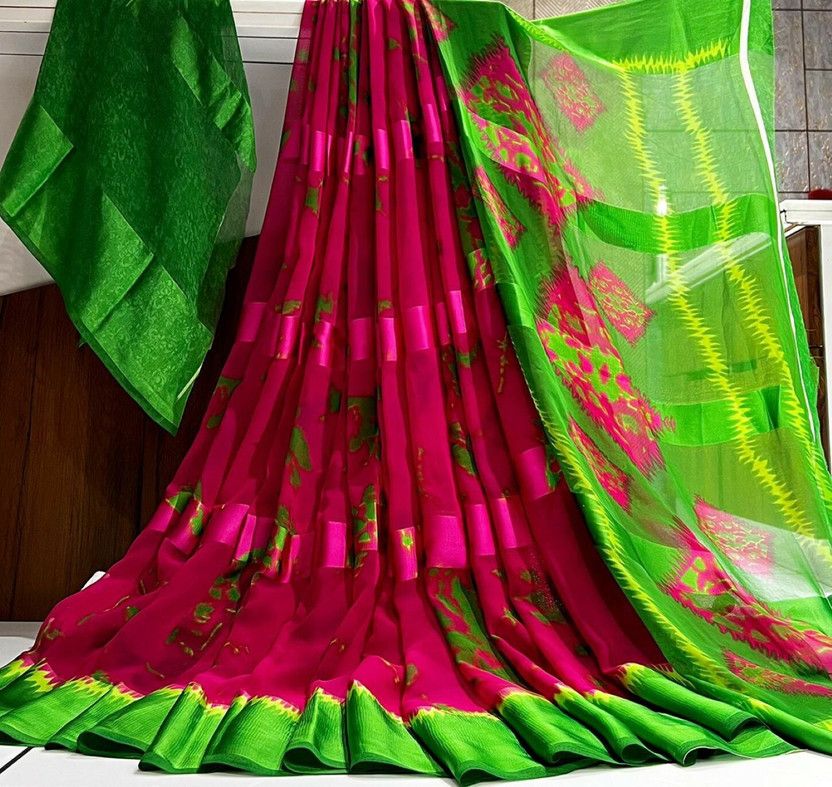 Printed, Woven, Temple Border, Floral Print, Digital Print, Blocked Printed, Animal Print Daily Wear Georgette, Satin Saree  (Pink, Green)
