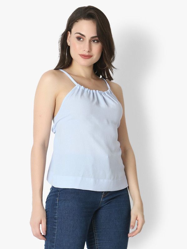 Casual Noodle Straps Solid Women Blue Top