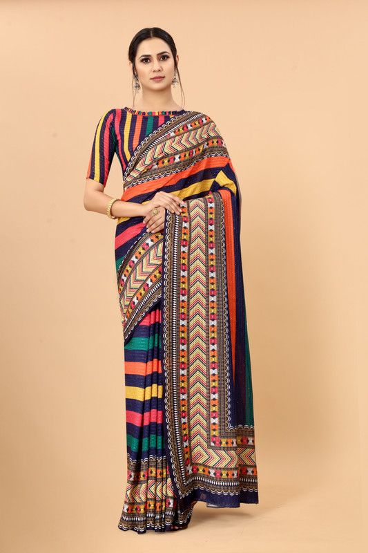 Striped Bollywood Art Silk Saree  (Blue)