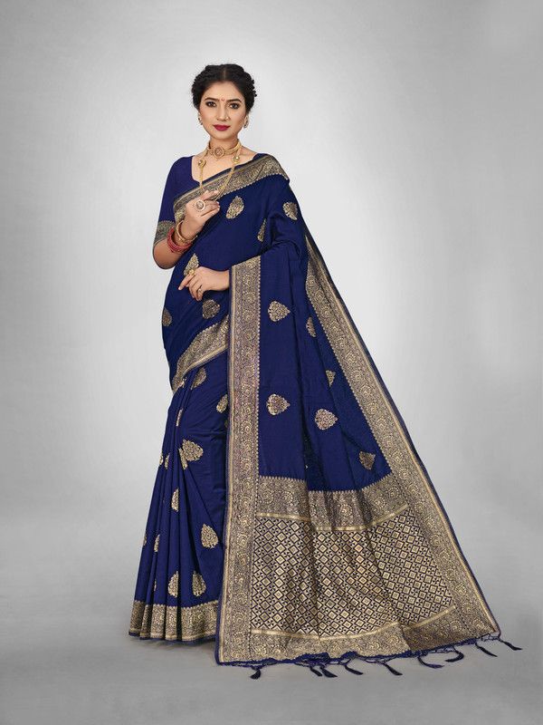 Floral Print Bollywood Jacquard Saree  (Dark Blue)
