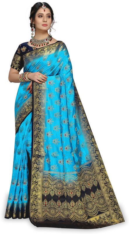 Woven Kanjivaram Pure Silk, Cotton Silk Saree  (Dark Blue, Light Blue)