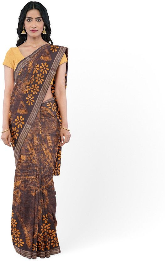 Printed Madurai Pure Cotton Saree  (Brown)