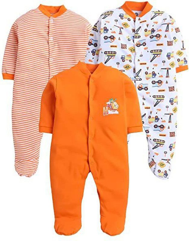 Romper For Baby Boys & Baby Girls Striped Pure Cotton  (Orange, Pack of 3)