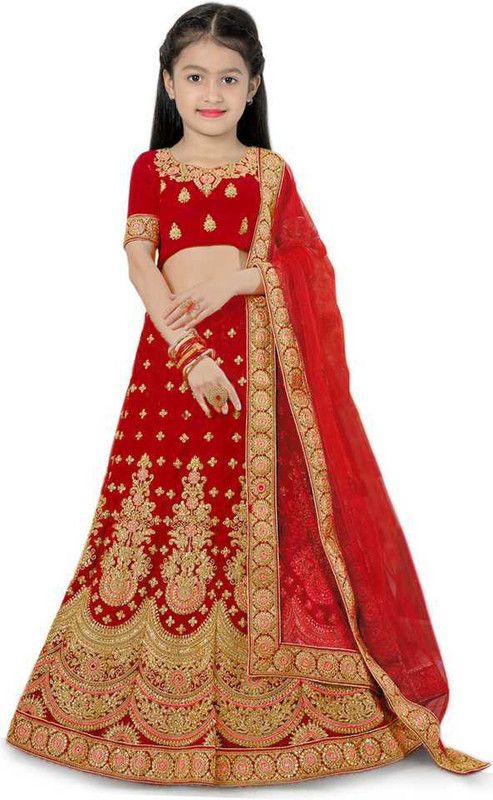 Girls Lehenga Choli Party Wear, Western Wear Embroidered Ghagra, Choli, Dupatta Set  (Red, Pack of 1)
