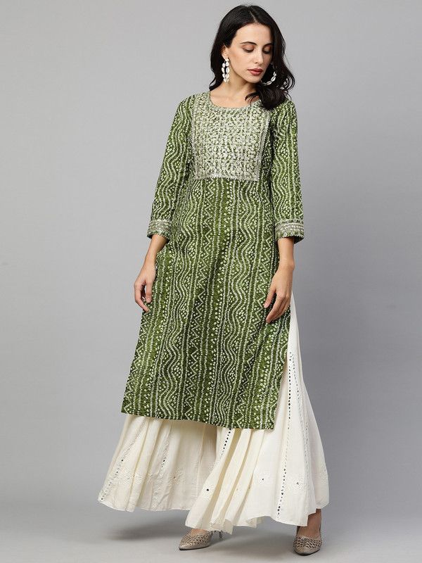 Women Bandhani Cotton Blend Straight Kurta  (Light Green)