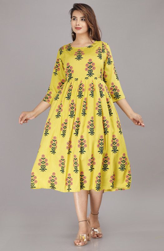 Women Printed Viscose Rayon Anarkali Kurta  (Yellow)
