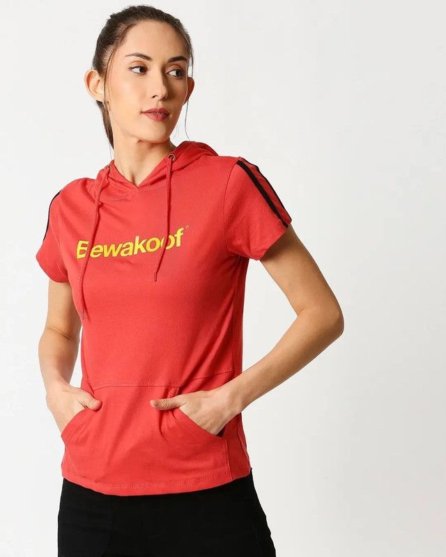 Women Printed Hooded Neck Pure Cotton Red T-Shirt